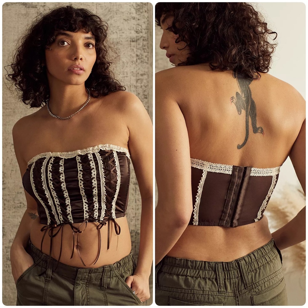 Urban Outfitters Women Mandy Lace Up Brown Satin Coquette Ren Faire Corset Top M